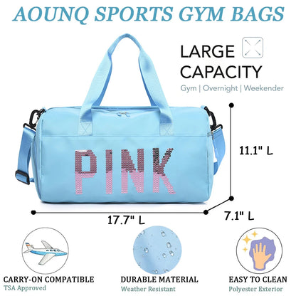 Gym Bag Sports Travel Duffel Bags for Women Weekender Overnight Tote Carry on Bag with Shoes Compartment Blue
